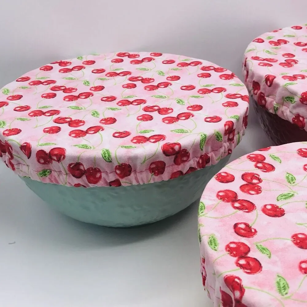 Cotton Bowl Cover For Sourdough, 3 Size Set, Reusable Washable Cherries Pink Red